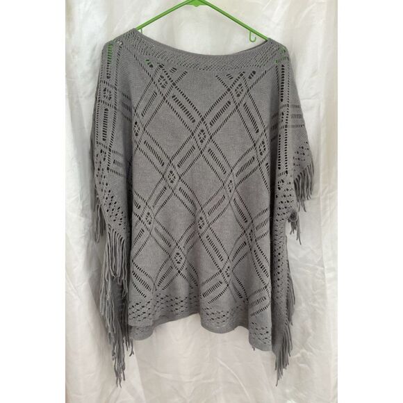 Sweaters - Gray Fringe Knit Pullover Poncho Sweater Open Weave Short Sleeve